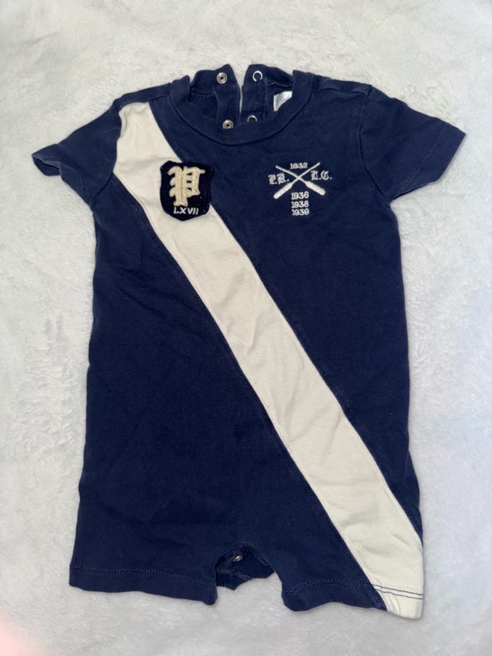 Ralph Lauren Navy Short Sleeve Romper with White Diagonal Stripe